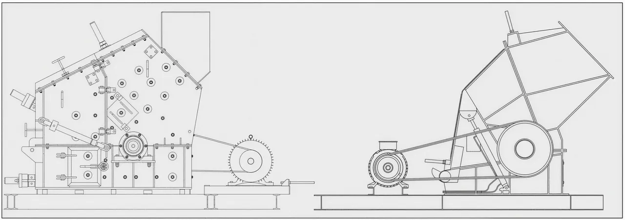 Impact crusher: side and section drawings