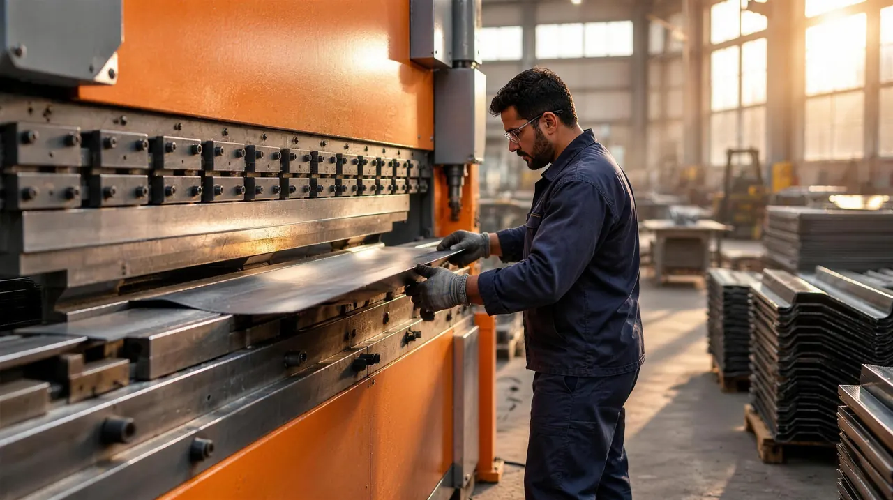 Operator bending a steel sheet on a CNC press brake in a metal fabrication factory