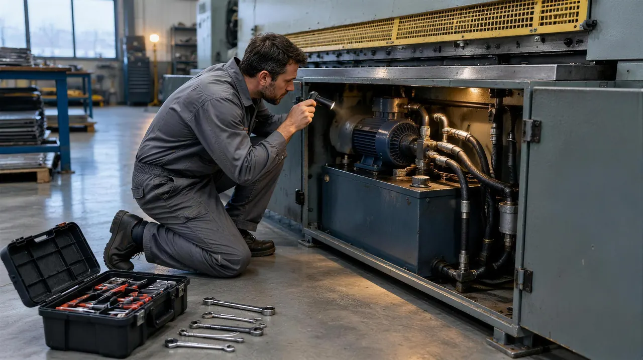 Technician checking the hydraulic unit of a shearing machine during servicing