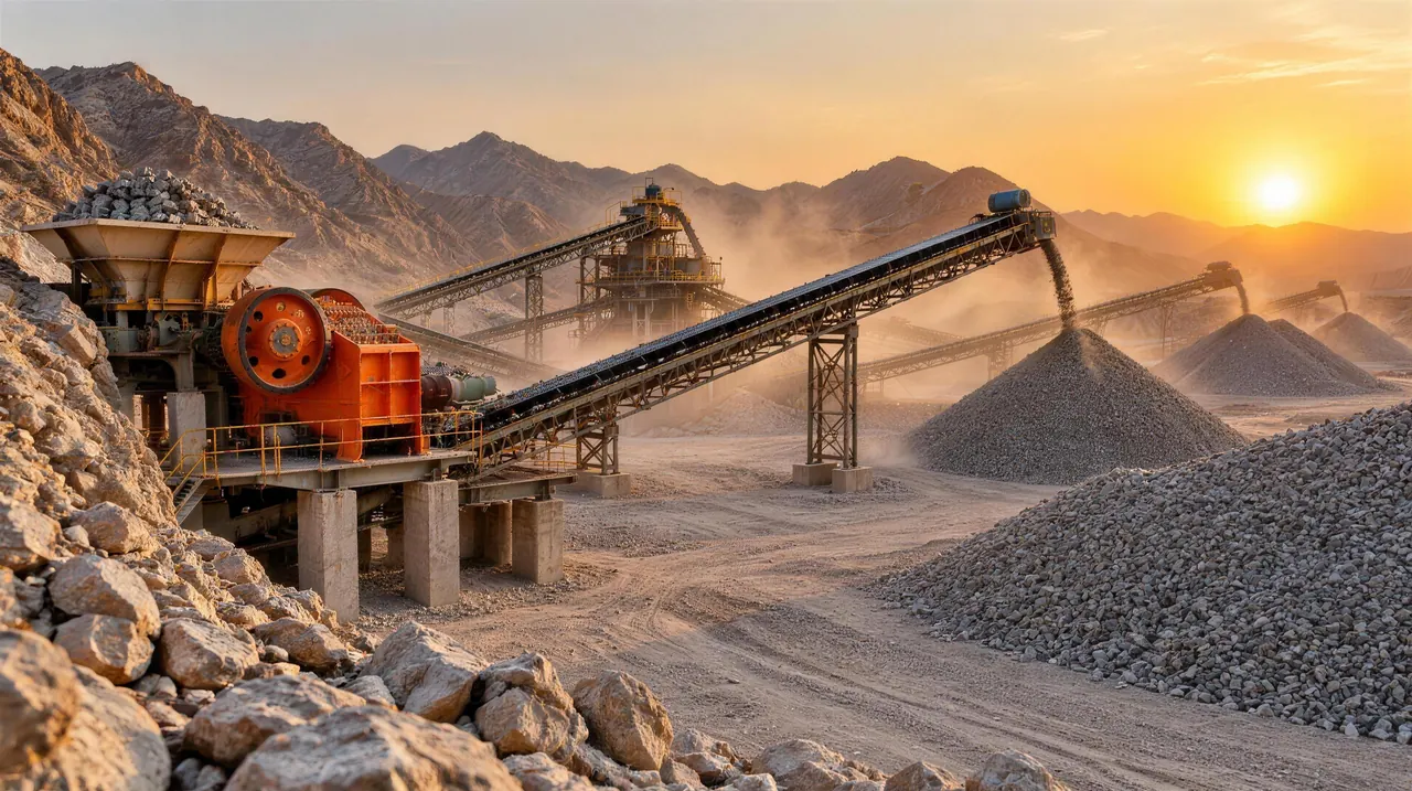 Stone crusher production line with conveyor belts at a quarry at sunset
