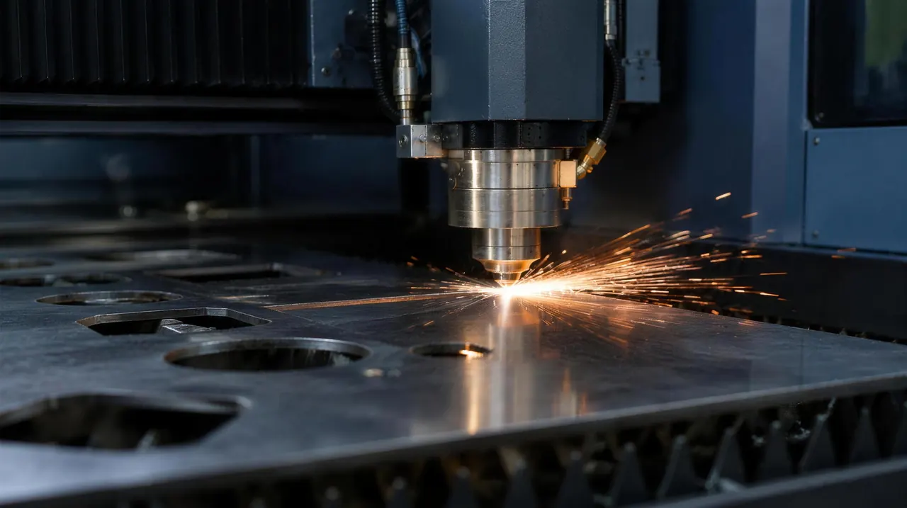 Fiber laser cutting head cutting a steel sheet with sparks